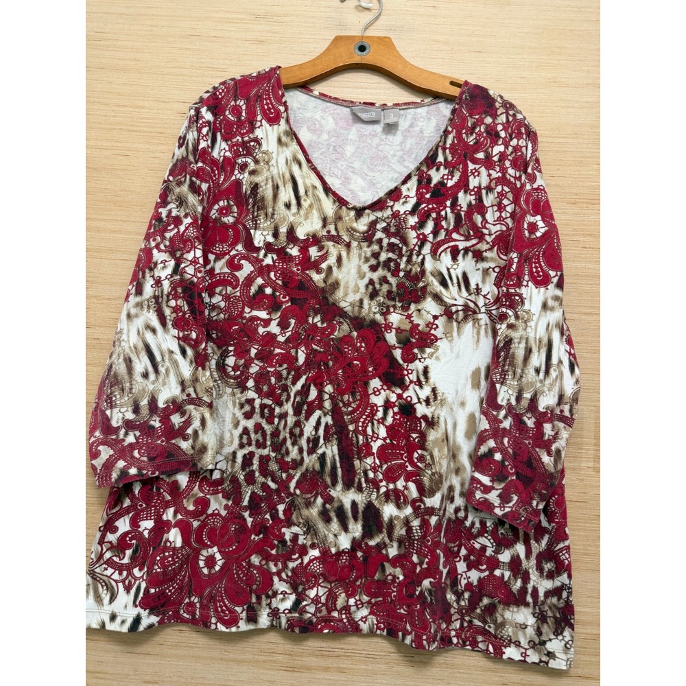 Chicos Red Paisley Leopard Print V-Neck 3/4 Sleeve Top Size 3 XL 7328
